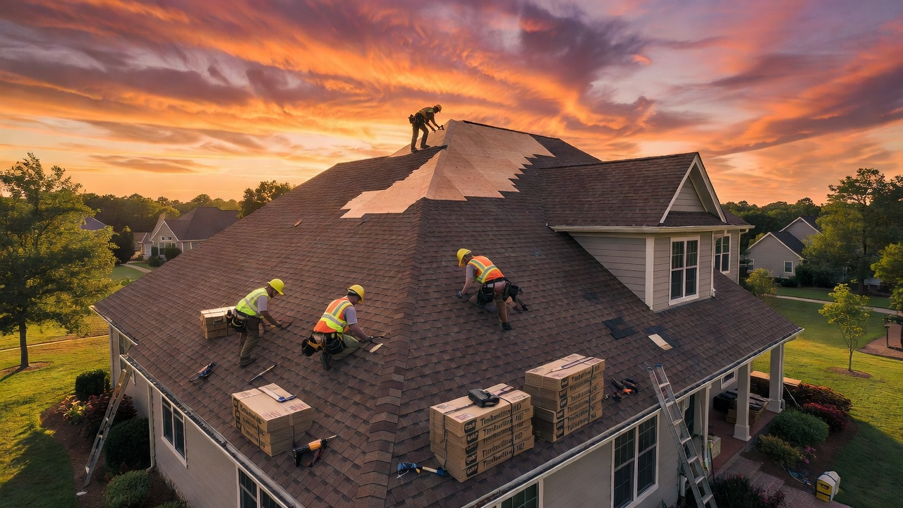 Wide establishing photo of a roofing crew installing new architectural shingles on a large residential roof in the North Carolina Triangle area at golden-hour sunset, dramatic sky